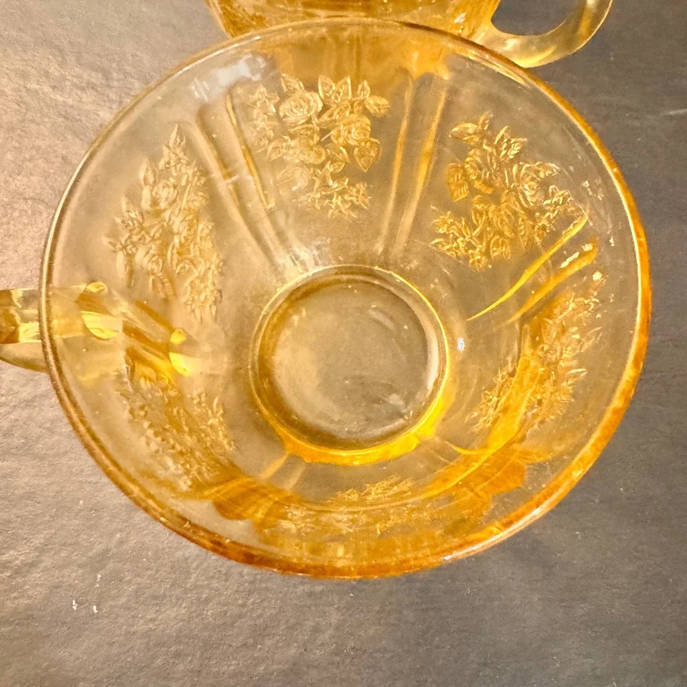 Antique Amber Depression Glass Tea Cups Embossed Floral Pattern Set of 2 Vintage